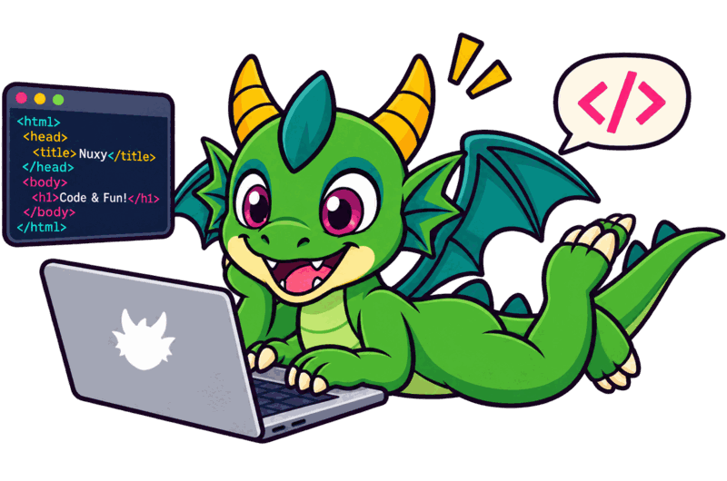 Nuxy installé à son bureau, enthousiaste devant un écran rempli de code HTML